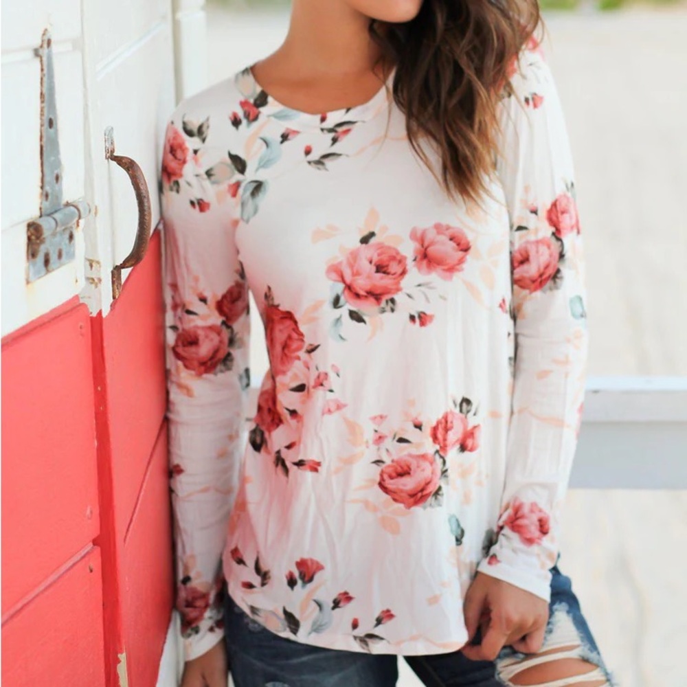 12 PM by Mon Ami Floral Long Sleeve Tee - Size S, White/Pink